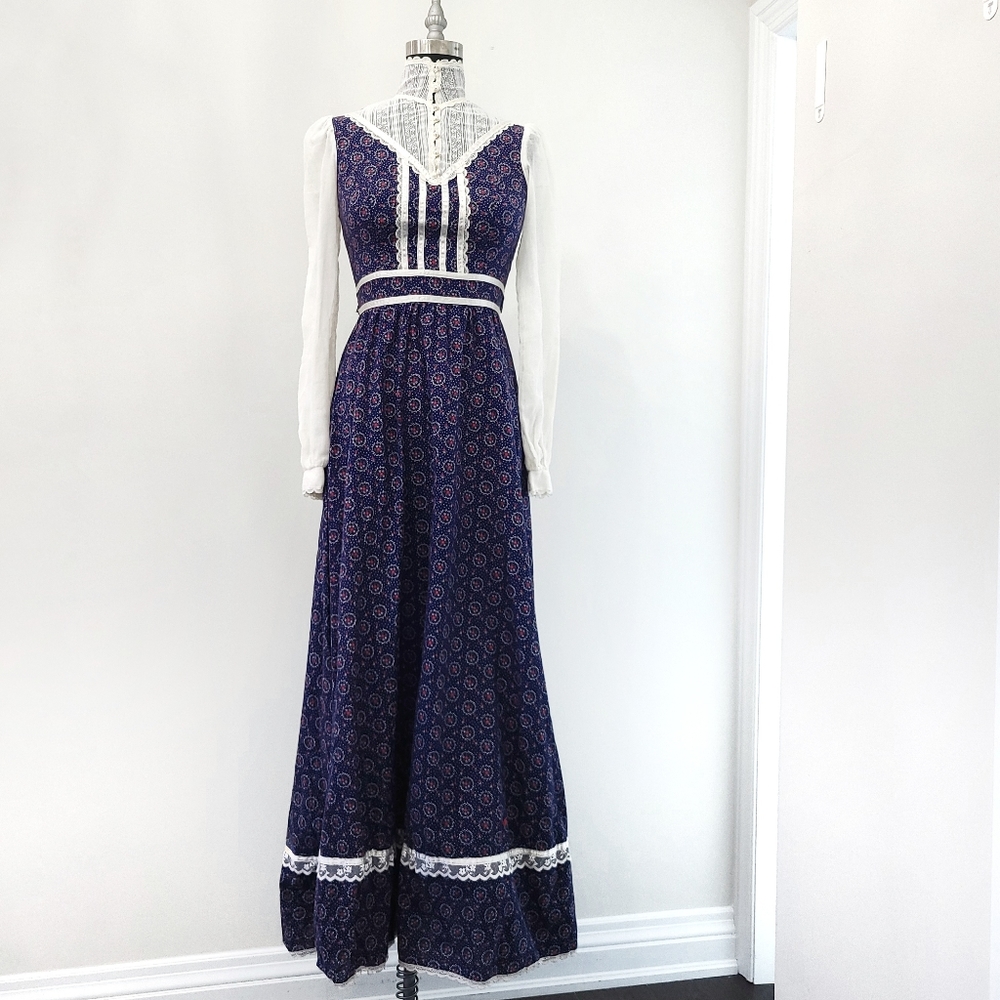 Vintage Gunne Sax 1970's Cottagecore Edwardian Puff Sleeve Pearl Maxi Dress